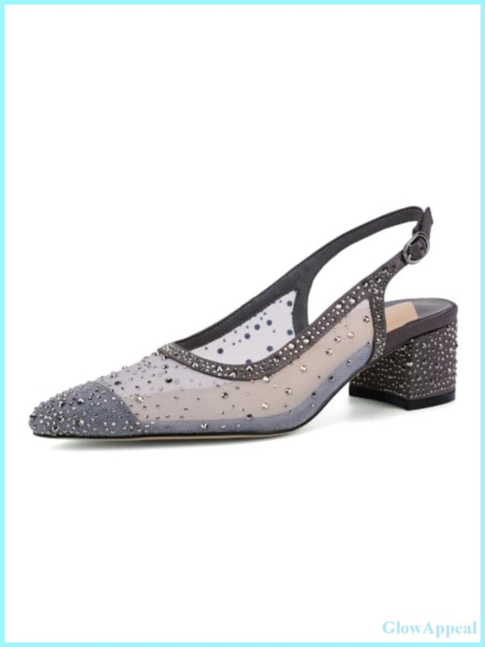 ANFEE Mesh Slingback Block Heels Pointed Toe Rhinestone Party Pumps
